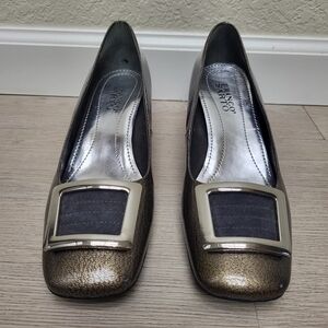 Franco Sarto Women's 9M Bronze Heels with Buckle Pewter Square Toe